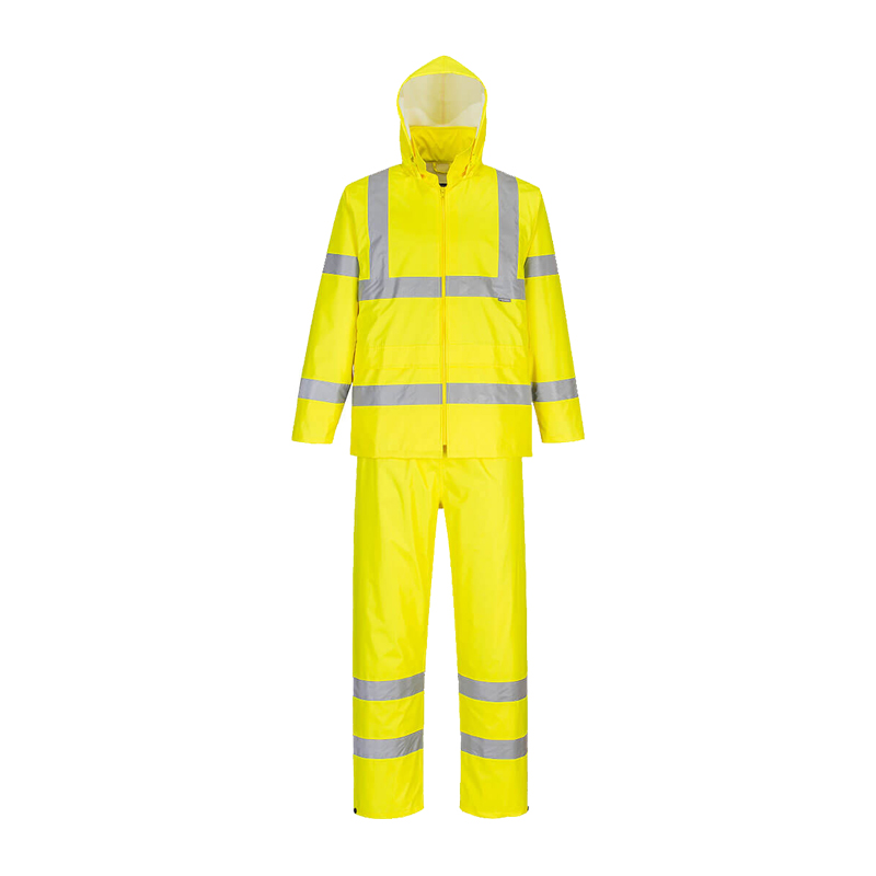 PortWest Warnschutz-Regenanzug in leuchtendem Gelb, bestehend aus Jacke mit Kapuze und Hose, mit reflektierenden Streifen für hohe Sichtbarkeit