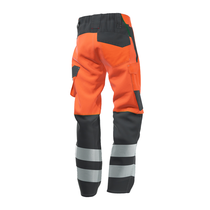 Rückansicht der BP 2236 Hi-Vis MultiNorm Hose leicht 4 kA + 7kA | APC2 von BP Bierbaum Proenen in Orange/Dunkelgrau mit Reflexstreifen und Taschen