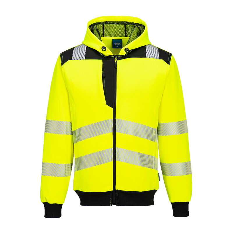 PortWest Warnschutzjacke in leuchtendem Gelb mit Kapuze, Reißverschluss und umlaufenden Reflexstreifen für hohe Sichtbarkeit bei der Arbeit