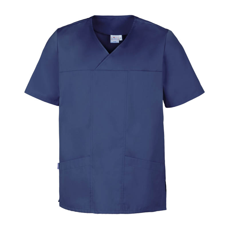 Leiber Kasack in Marineblau, Unisex-Berufskleidung mit V-Ausschnitt, kurzen Ärmeln und aufgesetzten Taschen