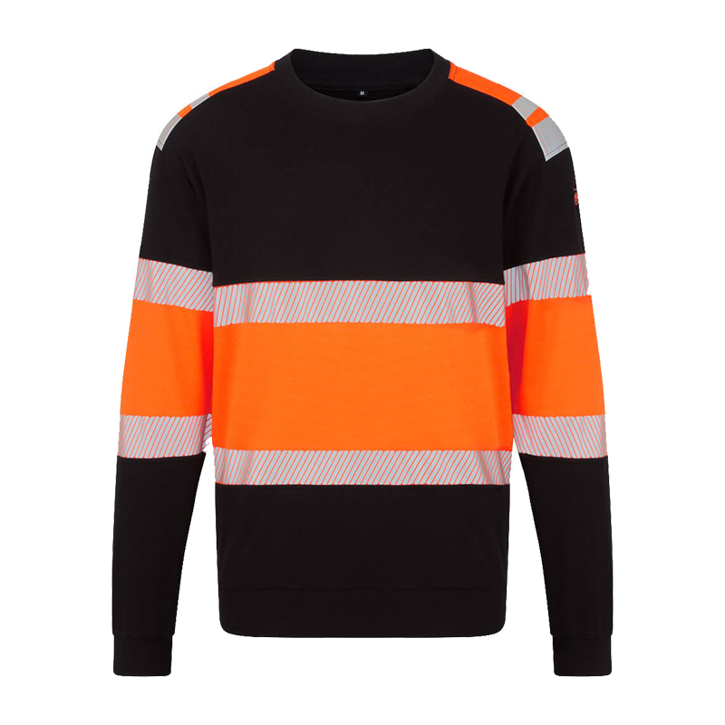 PortWest FR737 ModaFlame FR Warnschutz-Sweatshirt HVO Klasse 1, inhärent flammhemmend, schwarz-orange mit Reflexstreifen und Rundhalsausschnitt