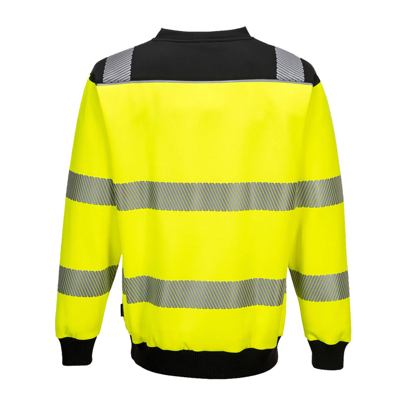 Rückansicht eines PortWest Warnschutz-Sweatshirts in Gelb-Schwarz mit umlaufenden Reflexstreifen an Rumpf und Ärmeln