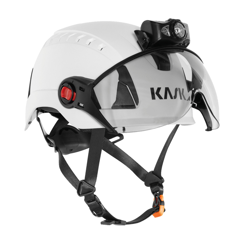 KASK KL-1 HEAD LAMP Stirnlampe IP54 mit 2 Funktionen, montiert auf KASK Industriehelm mit Visier, leistungsstarke LED-Arbeitsleuchte für sichere Helmeinsätze