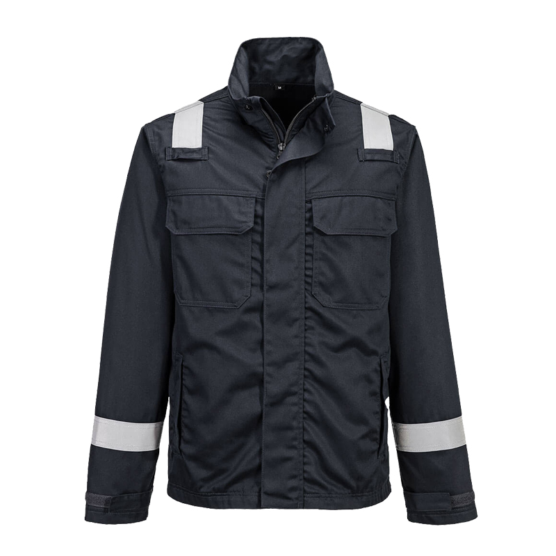 PortWest Arbeitsjacke in Dunkelblau mit Reflexstreifen an Schultern und Ärmeln, Frontansicht mit Brusttaschen und hohem Kragen