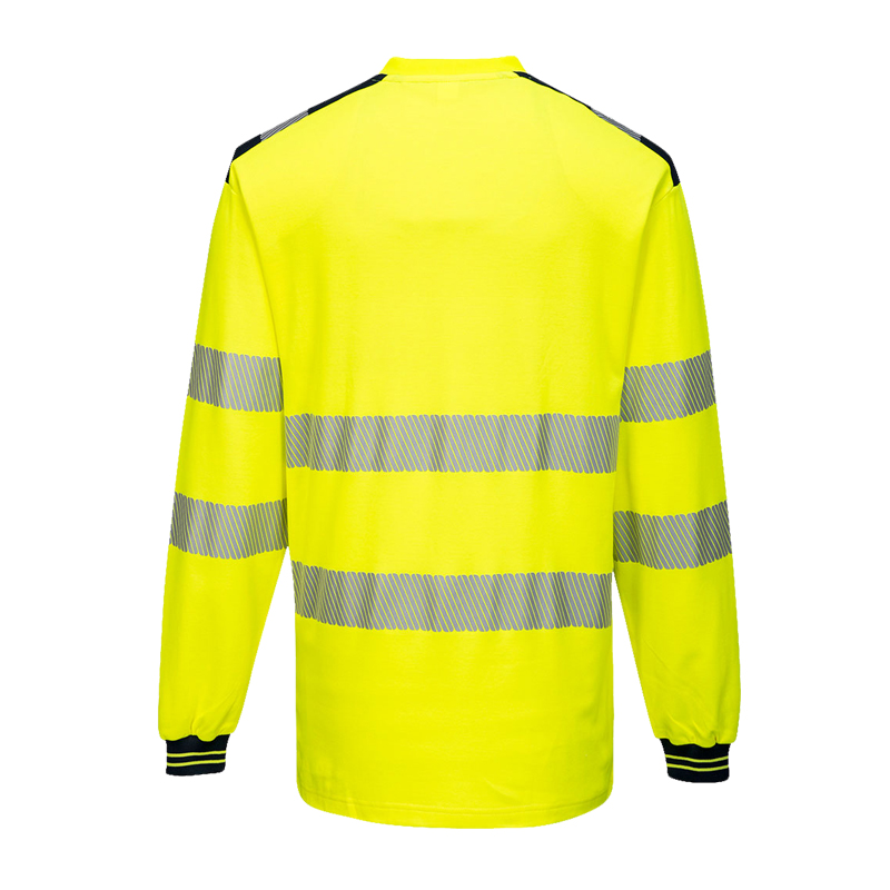 Rückansicht eines gelben PortWest Warnschutz-Langarmshirts mit umlaufenden Reflexstreifen an Rumpf und Ärmeln sowie dunklen Schulter- und Bündchendetails