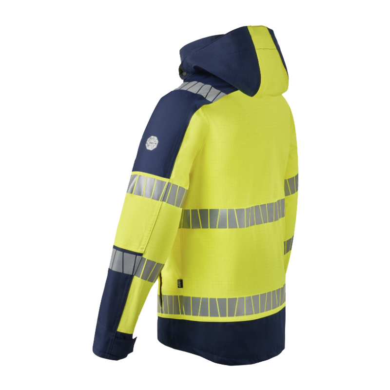 Rückansicht einer HaVeP Warnschutzjacke mit Kapuze in Gelb und Marineblau, mit reflektierenden Streifen für hohe Sichtbarkeit