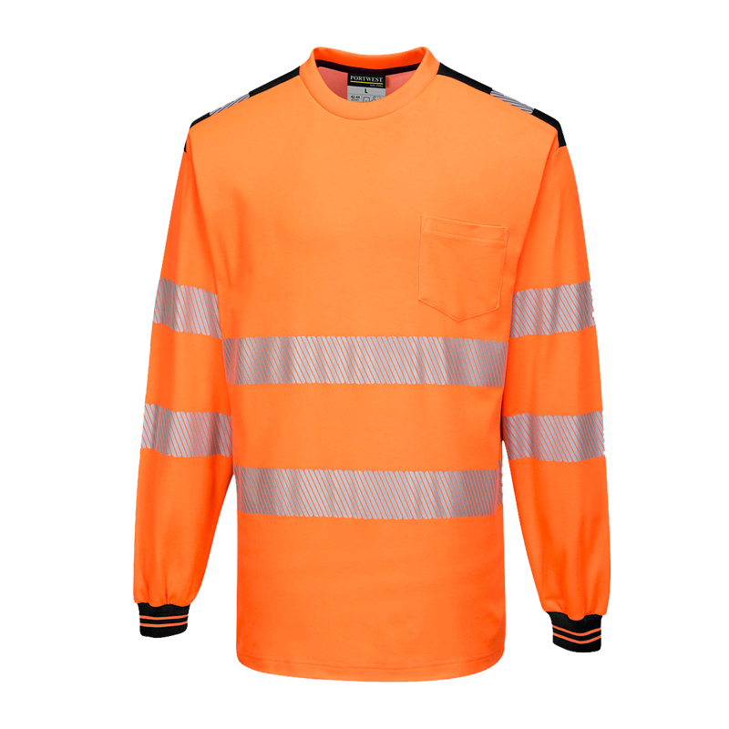 PortWest Warnschutz-Langarmshirt in Orange mit silbernen Reflexstreifen, Brusttasche und schwarzen Schulterdetails