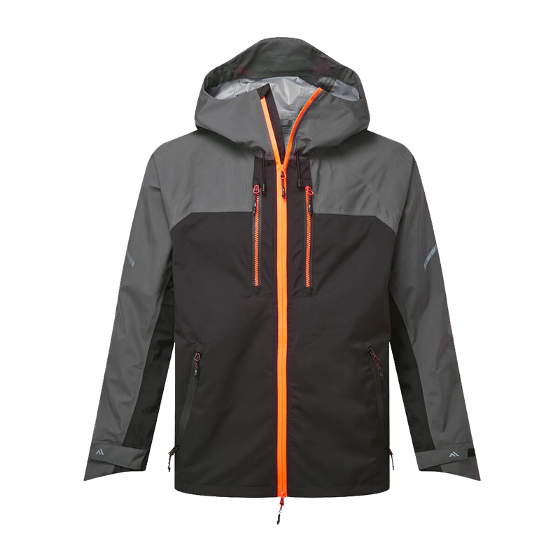 PortWest wetterfeste Outdoorjacke mit Kapuze, Schwarz-Grau, mit auffälligem orangefarbenem Frontreißverschluss und Reißverschlusstaschen
