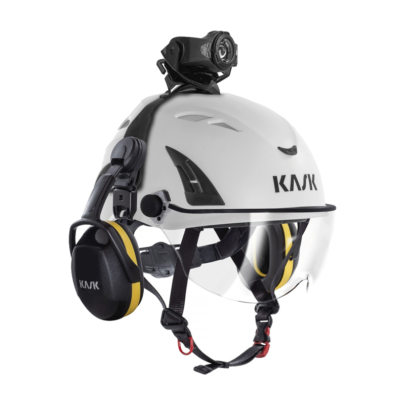 KASK KL-1 Head Lamp Stirnlampe IP54 mit 2 Funktionen, montiert auf KASK Industriehelm als kompakte LED-Arbeitsleuchte für sichere Ausleuchtung