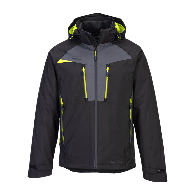 PortWest DX465 3-in-1-Winter-Regenjacke in Schwarz-Grau mit gelben Reißverschlüssen und Kapuze, wasserdicht, atmungsaktiv und warm nach EN 343 und EN 342