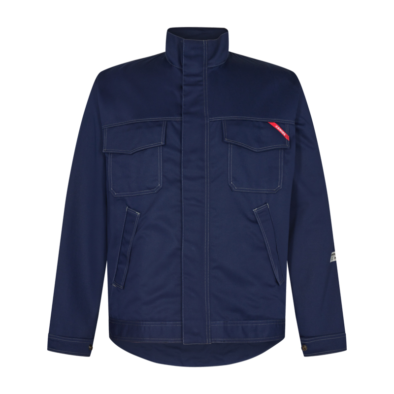 Engel Safety+ 1288-192 MultiNorm Schweißerjacke Klasse 1 4 kA APC1 in Navy, flammhemmende Arbeitsjacke mit Stehkragen, verdeckter Druckknopfleiste und Brusttaschen für Schweißarbeiten