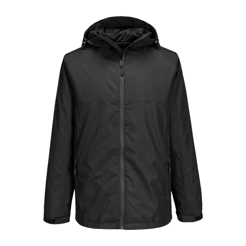 PortWest schwarze Herrenjacke mit Kapuze, durchgehendem Reißverschluss und Seitentaschen in Frontansicht