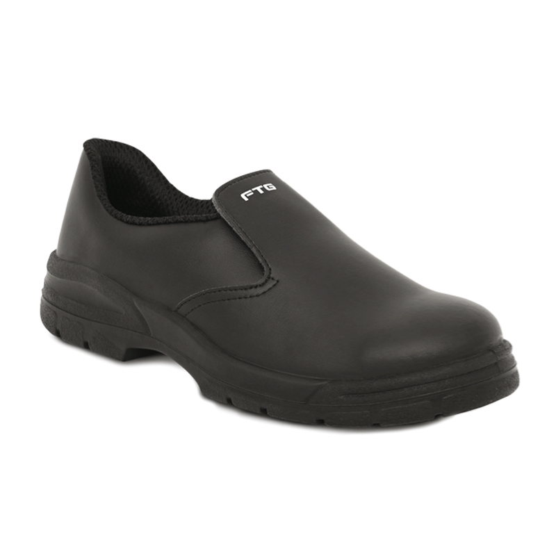 FTG Chef Black S2 Sicherheitsschuh als schwarzer Sicherheitsslipper aus ECOLEATHER für Pharma, Lebensmittel und Chemie