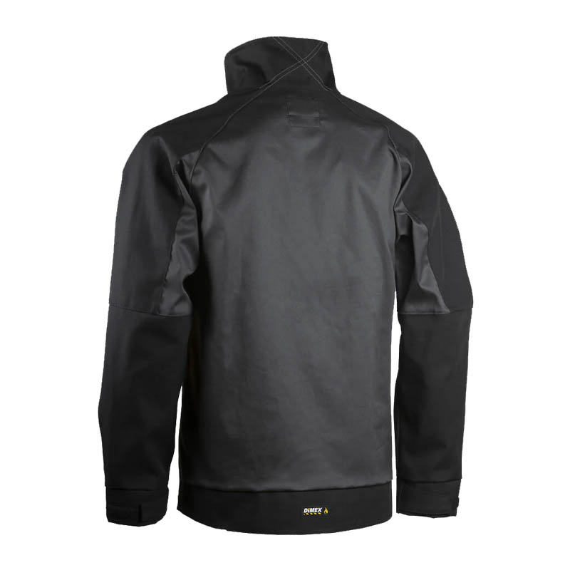 Rückansicht der Dimex 6121 Stretch Schweißerjacke in Schwarz, flammhemmende Arbeitsjacke mit elastischem Material und hohem Kragen für Schweißarbeiten