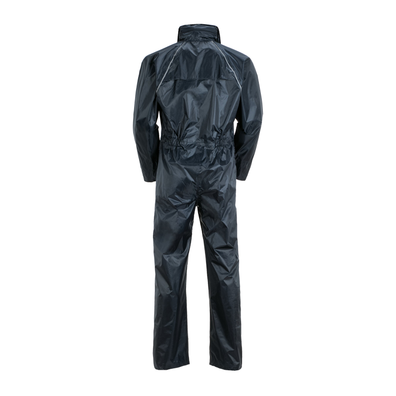 Rückenansicht des Planam Outdoor Aqua Regenoveralls in Dunkelblau, wasserdichter Overall mit PU-Beschichtung für zuverlässigen Schutz bei Regen und Nässe