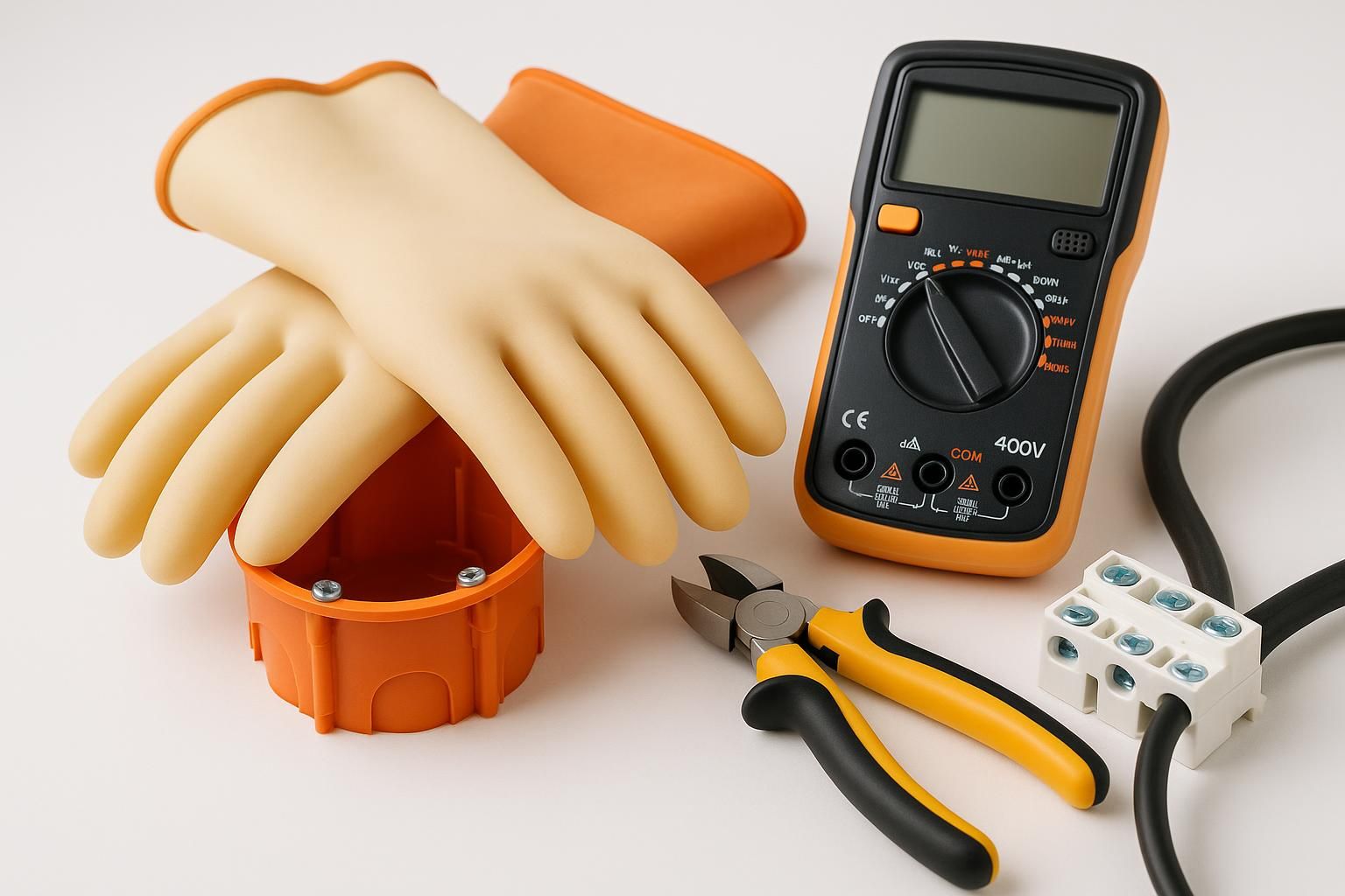 Elektriker-Werkzeug und Zubehör für sichere Elektroinstallation: isolierende Handschuhe, Digitalmultimeter, Seitenschneider, Abzweigdose und Lüsterklemme