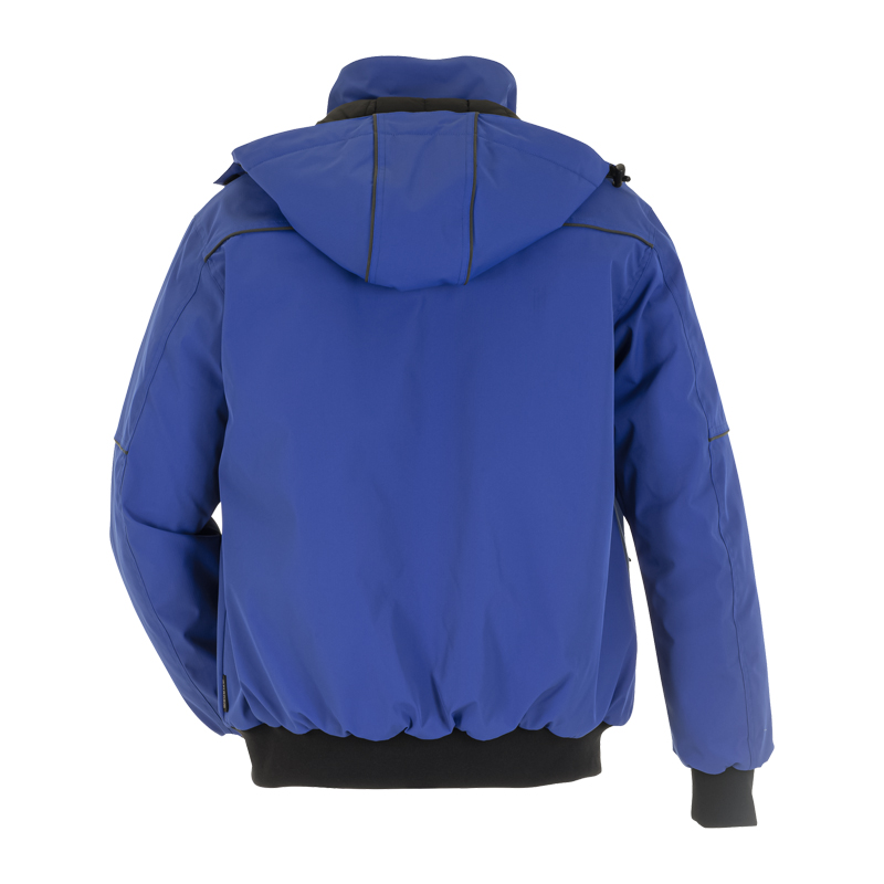 Rückansicht des Planam Plane Blouson gefüttert mit Kapuze in Blau, warme Arbeitsjacke mit Kapuze und Bündchen