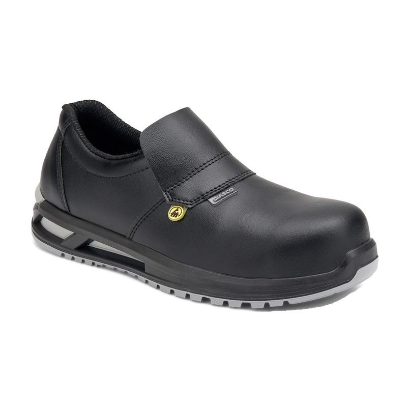 Abgebildet ist ein schwarzer ESD-Sicherheitsschuh im Slipper-Design mit glattem Obermaterial, geschlossener Front und rutschfester Profilsohle.