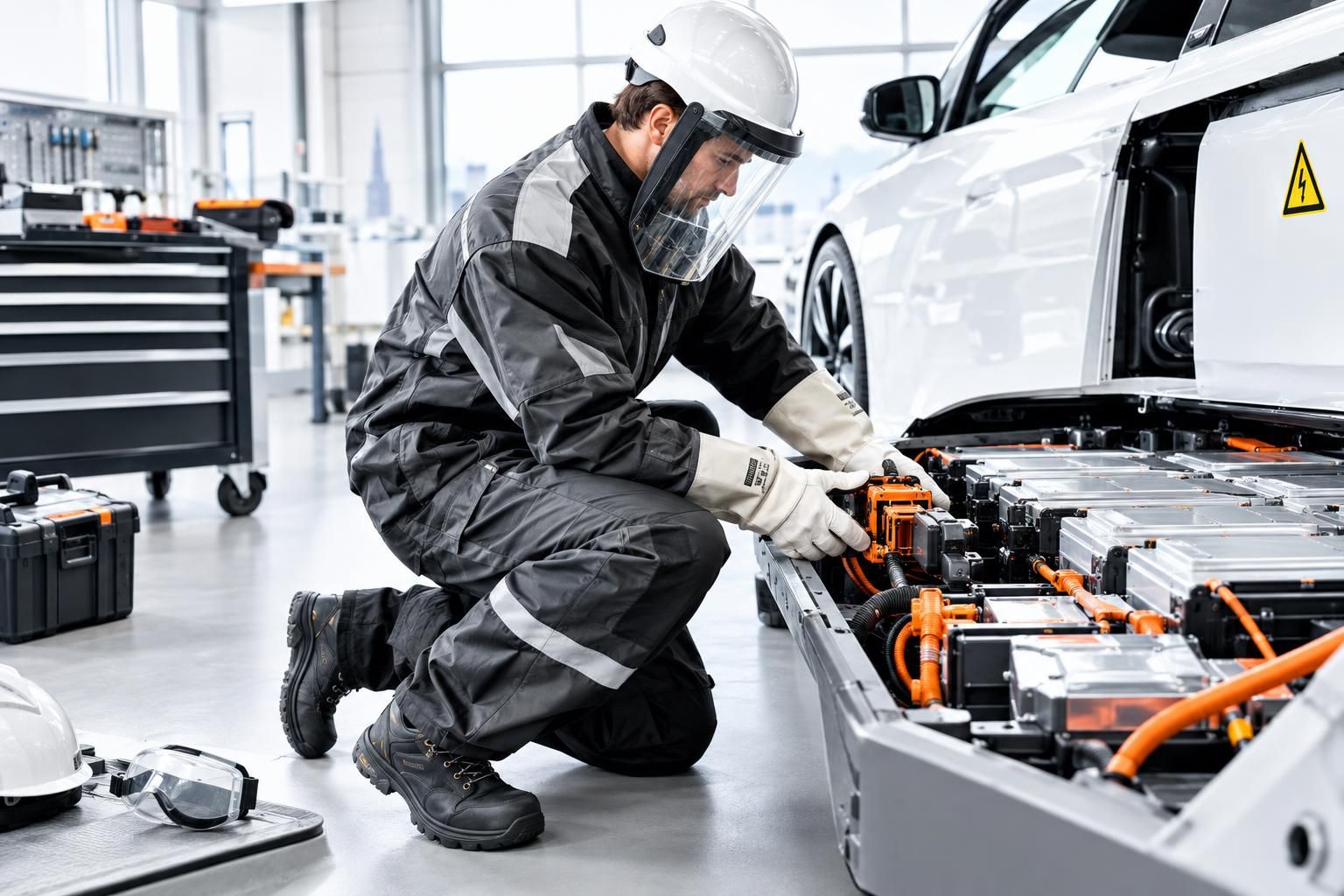 Techniker in Schutzkleidung wartet die Hochvolt-Batterie eines Elektroautos und prüft orange Hochvoltkabel in einer modernen Kfz-Werkstatt