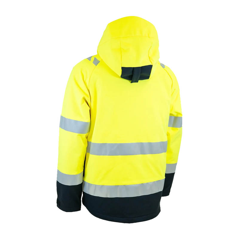 Rückansicht der Dimex 6202Y Warnschutz SoftShell Jacke EN 20471 Klasse 2 mit Kapuze, leuchtend gelb und Reflexstreifen