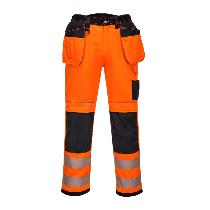 PortWest Warnschutzhose in Orange und Schwarz mit Reflexstreifen, Knieverstärkung und praktischen Holstertaschen für Arbeit und Sicherheit