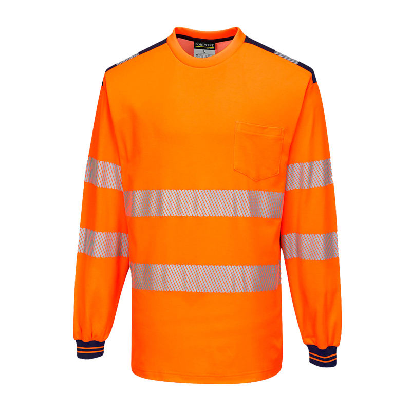Portwest Warnschutz-Langarmshirt in leuchtendem Orange mit reflektierenden Streifen an Brust und Ärmeln sowie praktischer Brusttasche