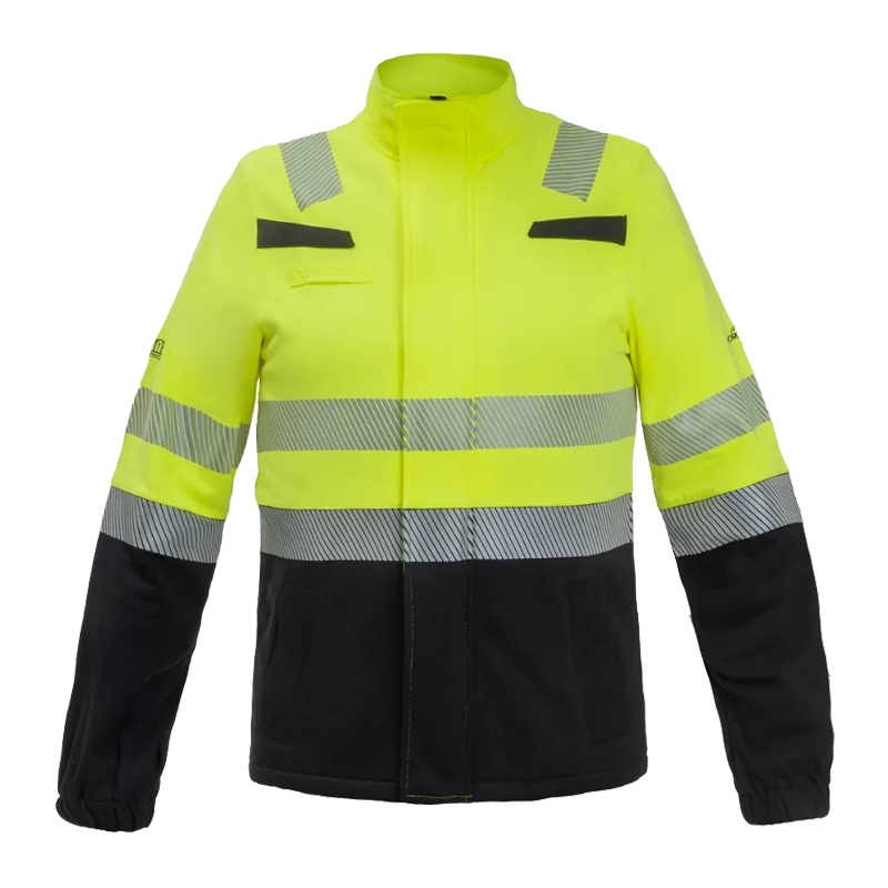 HydroWear Warnschutzjacke in Neon-Gelb und Schwarz mit durchgehenden Reflexstreifen, Stehkragen und Frontreißverschluss