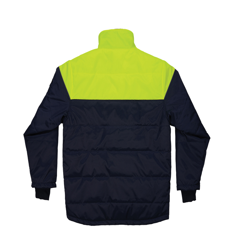 Rückenansicht der Ergodyne N-Ferno 6476 Gefrierhaus Jacke mit Neon in Navy und Hi-Vis Gelb, isolierte Kühlhausjacke für Kältebereiche
