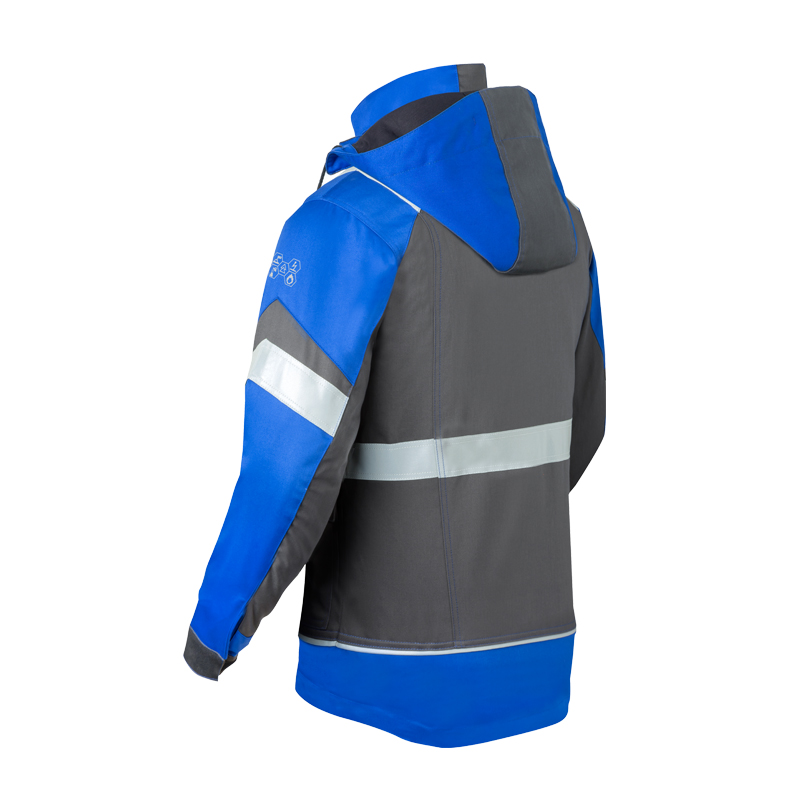 Rückansicht des HaVeP 5Safety Image+ 50286 MultiNorm Parka APC2 in Blau-Grau mit Kapuze und umlaufenden Reflexstreifen.