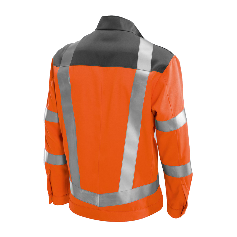 Rückansicht der BP 2212 MultiNorm Hi-Vis Jacke 4 kA | APC1 von BP Bierbaum Proenen in Orange mit grauen Reflexstreifen