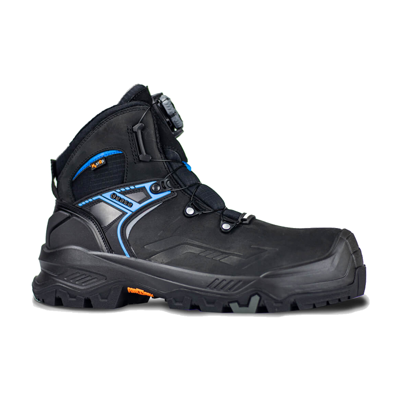 BASE T-Robust Mid S7S Sicherheitsstiefel B1605B von BASE, schwarzer Arbeitsstiefel mit blauen Details und BOA Schnellschürung, seitliche Produktansicht