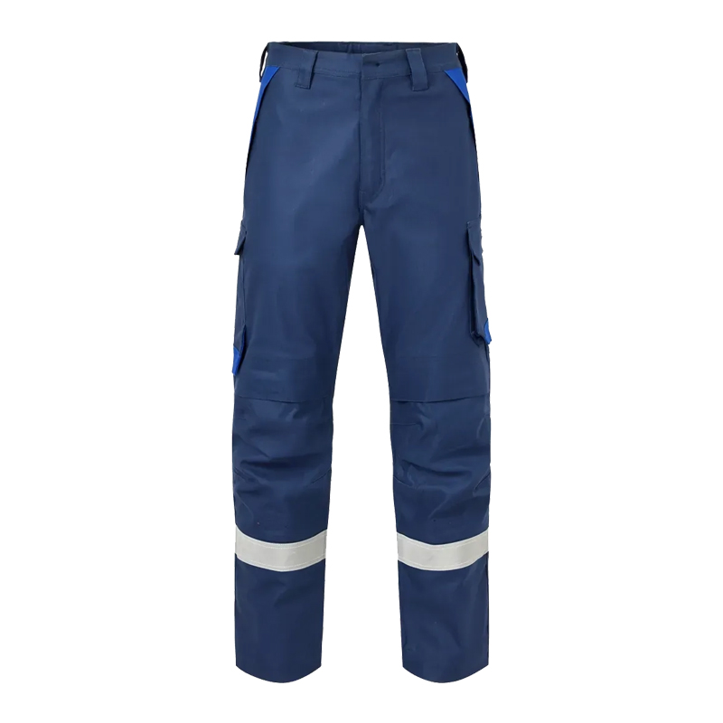 Marineblaue Warnschutz-Arbeitshose mit Reflexstreifen an den Beinen, seitlichen Cargotaschen und robustem Bund für den Arbeitseinsatz