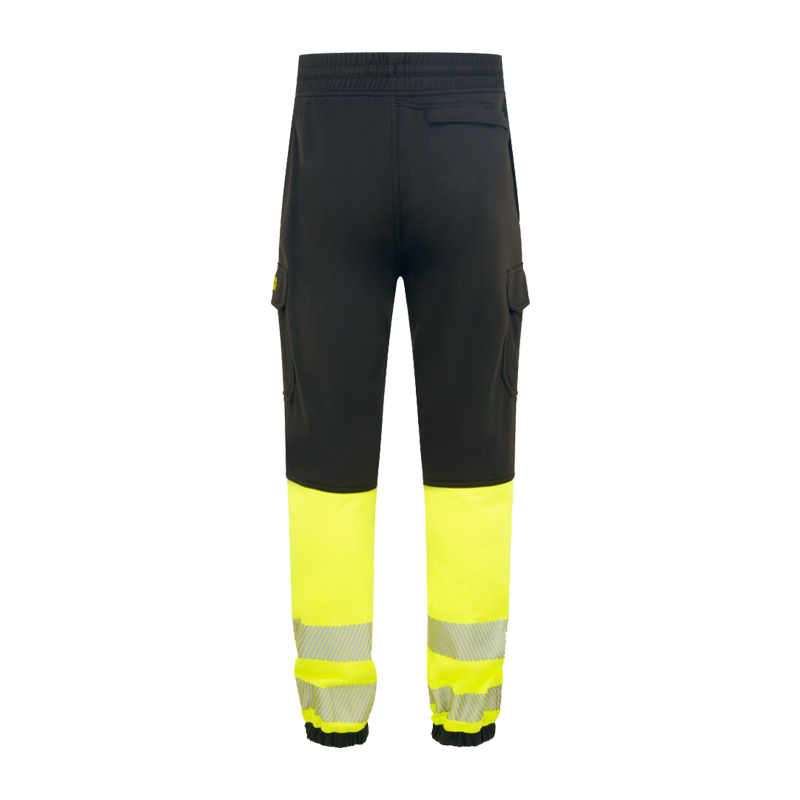 Rückansicht der PortWest FR433 MultiNorm Warnschutz FR Jogger Arbeitshose in Schwarz-Gelb, inhärent flammhemmend mit reflektierenden Beinen und elastischem Bund