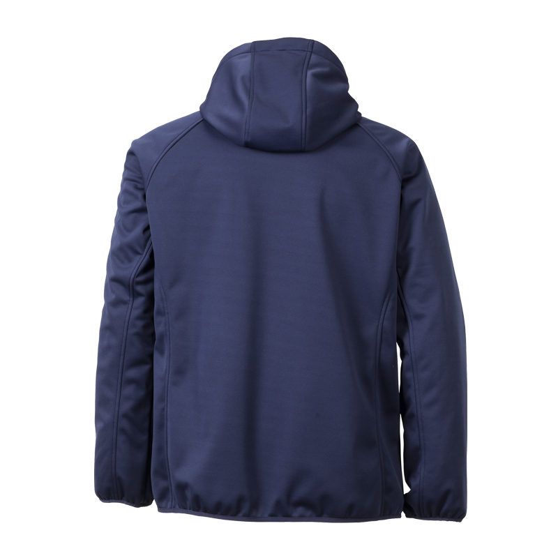 Rückansicht der Planam Fog Softshelljacke mit Stretch und Kapuze in Navy, funktionale Arbeitsjacke mit sportlichem Schnitt