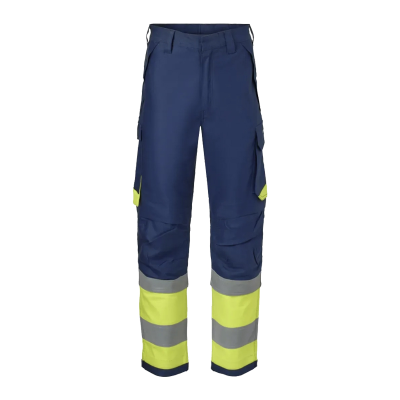 HydroWear Warnschutzhose in Marineblau mit fluoreszierend gelben Beinabschlüssen und reflektierenden Streifen, Frontansicht