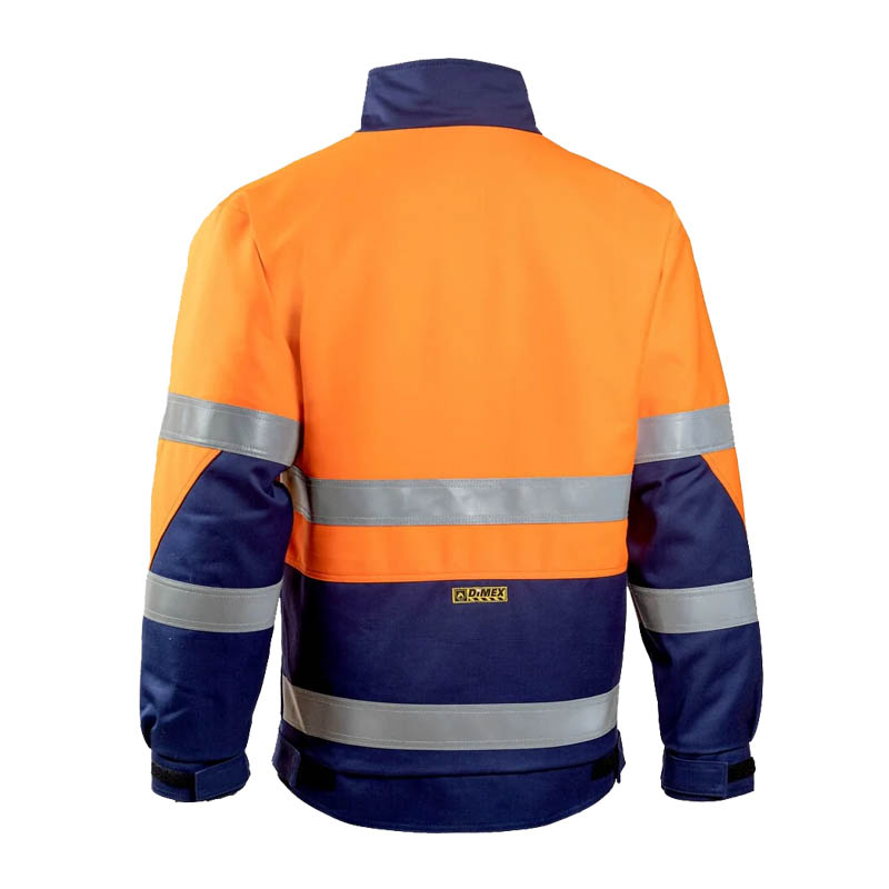 Rückansicht einer Warnschutzjacke in Orange und Marineblau mit silbernen Reflexstreifen an Armen und Saum