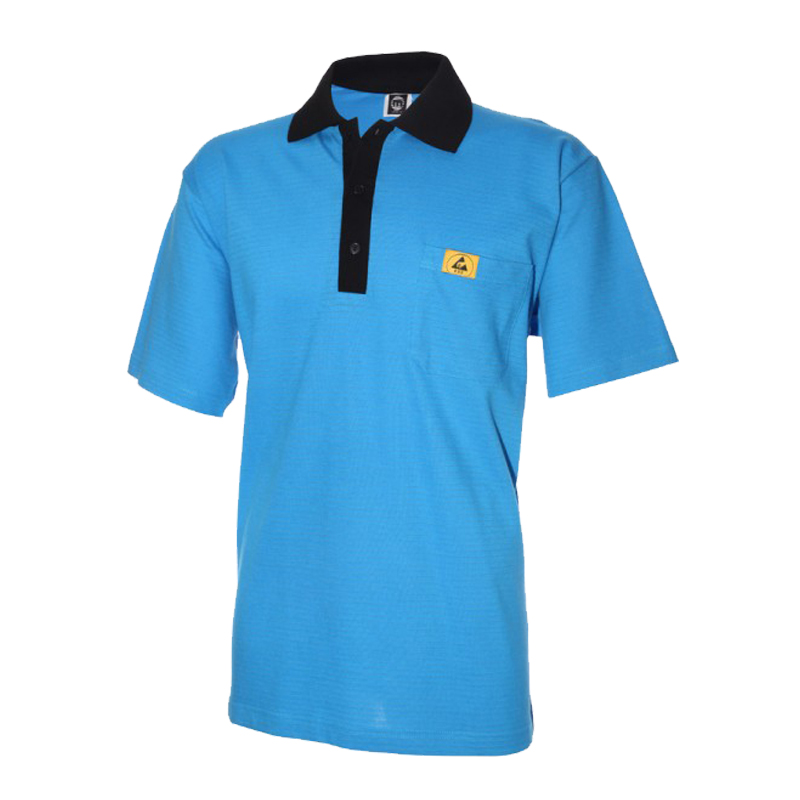 Mimoza Herren-Poloshirt in Blau mit schwarzem Kragen, schwarzer Knopfleiste und Brusttasche mit Logo