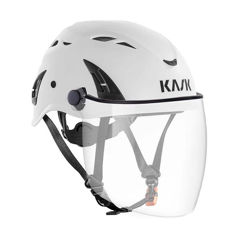 Weißer KASK SuperPlasma Schutzhelm mit montiertem PLASMA FF Full Face Visier aus klarem Polycarbonat, kratzfest, beschlagfrei und nach EN 166 für Augen- und Gesichtsschutz