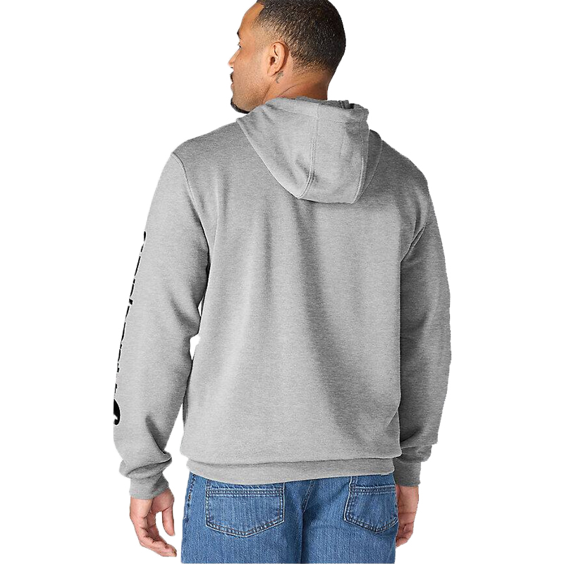 Rückansicht eines Herren in grauem Carhartt K288 Iconic Hoodie mit Schriftzug am Arm, Loose Fit, Kapuze und klassischem Sweatshirt-Design