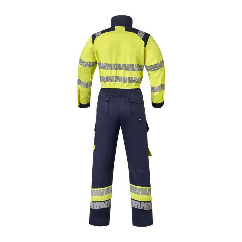 Rückansicht eines HaVeP Warnschutz-Overalls in Gelb und Marineblau mit umlaufenden Reflexstreifen an Armen, Oberkörper und Beinen