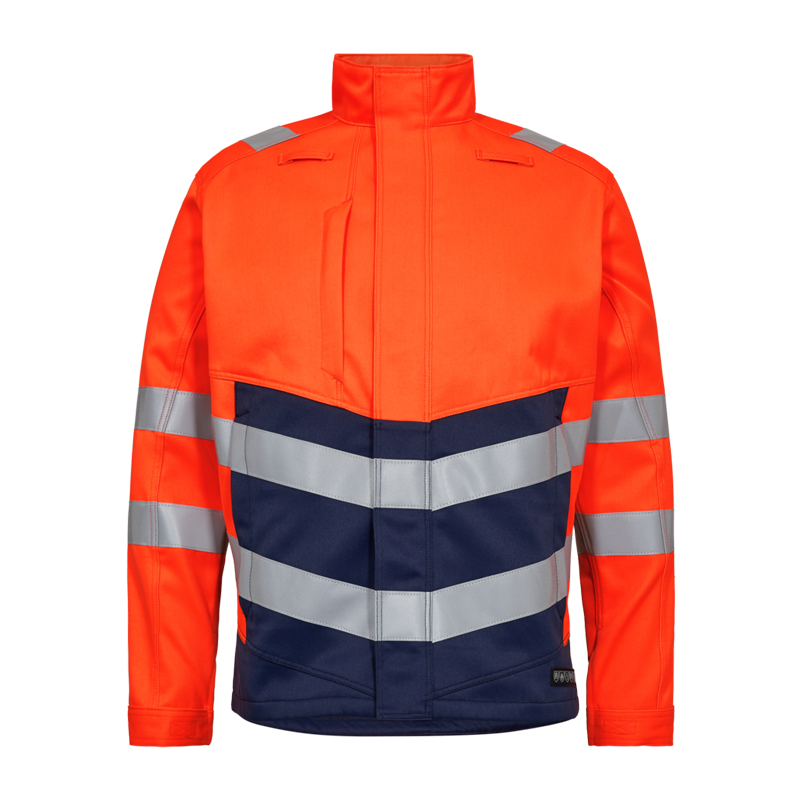 Engel Warnschutzjacke in Orange und Marineblau mit umlaufenden silbernen Reflexstreifen, Frontansicht