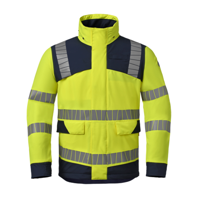 HaVeP Warnschutzjacke in Neongelb mit Reflexstreifen, hohem Kragen, Frontverschluss und dunkelblauen Kontrasteinsätzen für hohe Sichtbarkeit