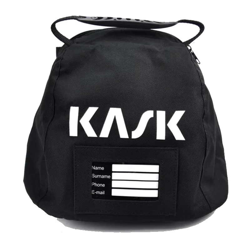 Schwarzer Kask Transportbeutel mit KASK Logo, Kordelgriff und Beschriftungsfeld für Name, Telefonnummer und E-Mail