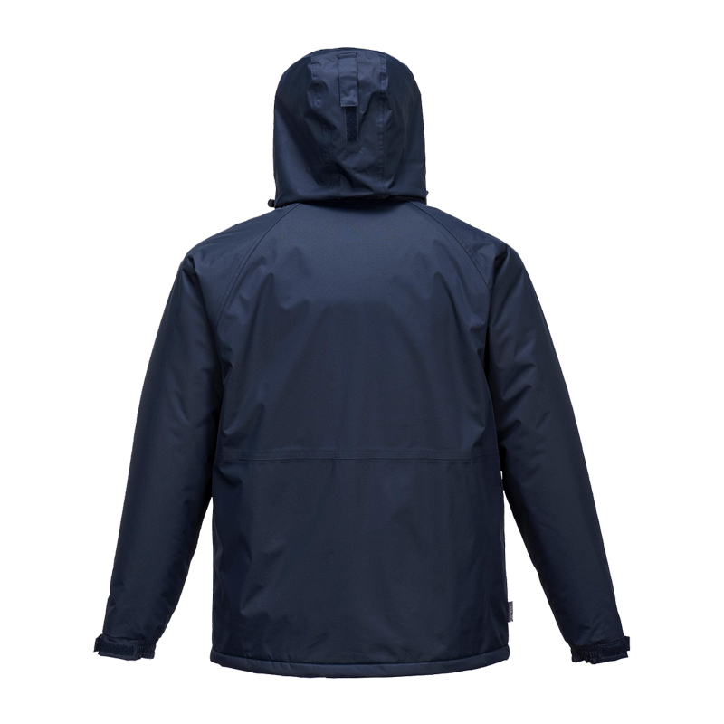 Rückansicht einer navyblauen PortWest Jacke mit Kapuze, lange Ärmel, wetterfeste Arbeits- und Outdoorjacke
