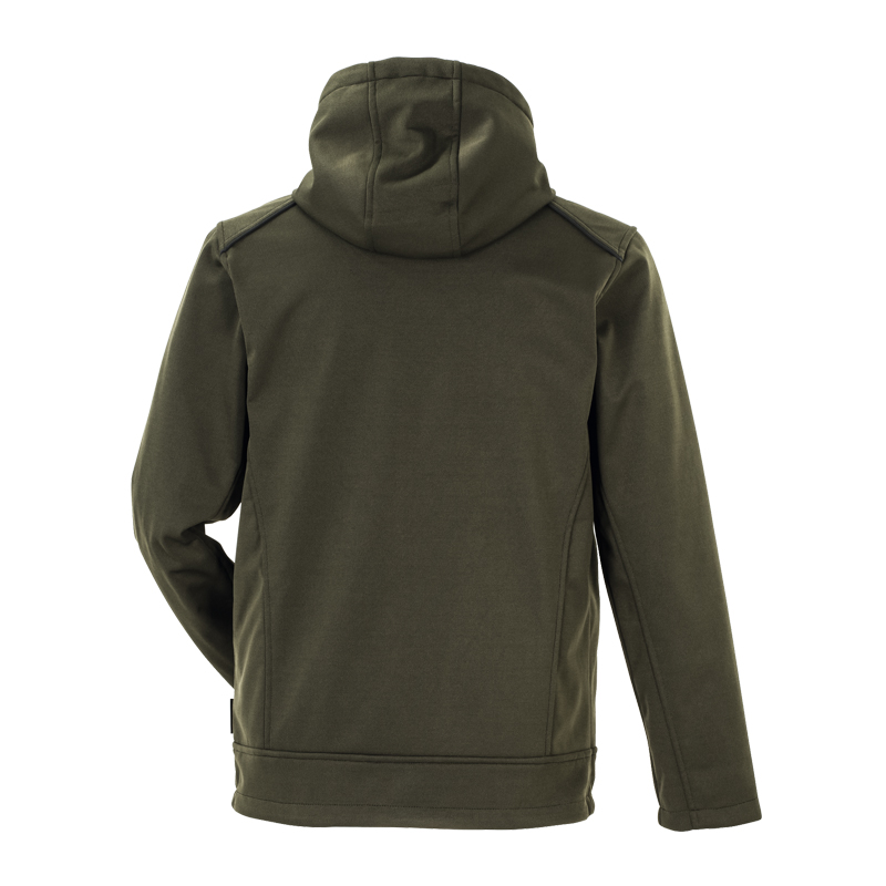 Rückenansicht der Planam Hawk Softshelljacke mit schwarzen Reflexbiesen und Kapuze in Olivgrün von Planam