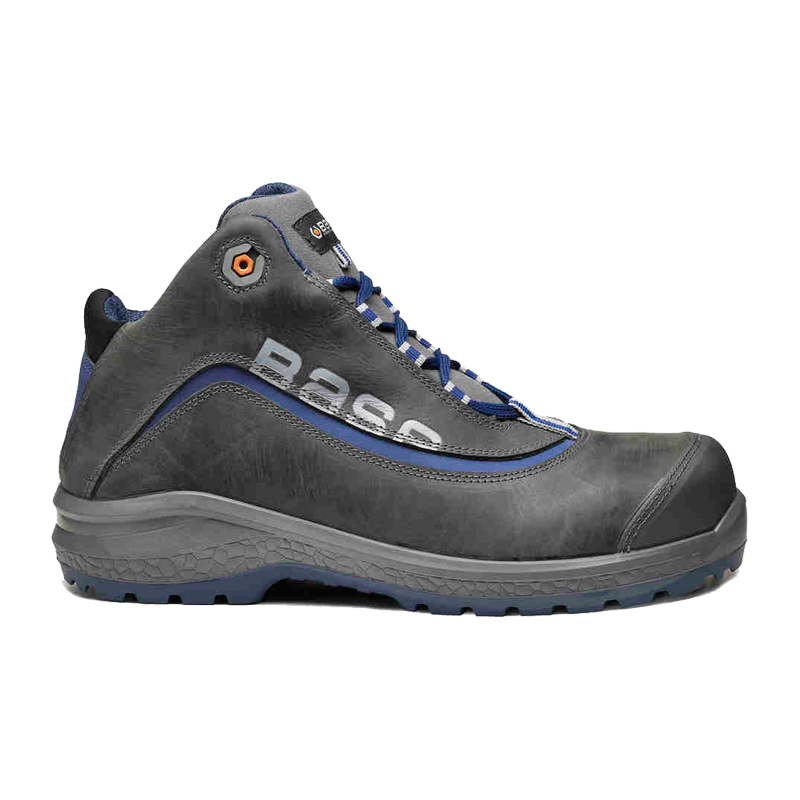 BASE Be-Joy Top S3S Sicherheitsstiefel B0875 metallfrei, grauer Arbeitsstiefel mit blauen Details und Zehenschutzkappe in Seitenansicht
