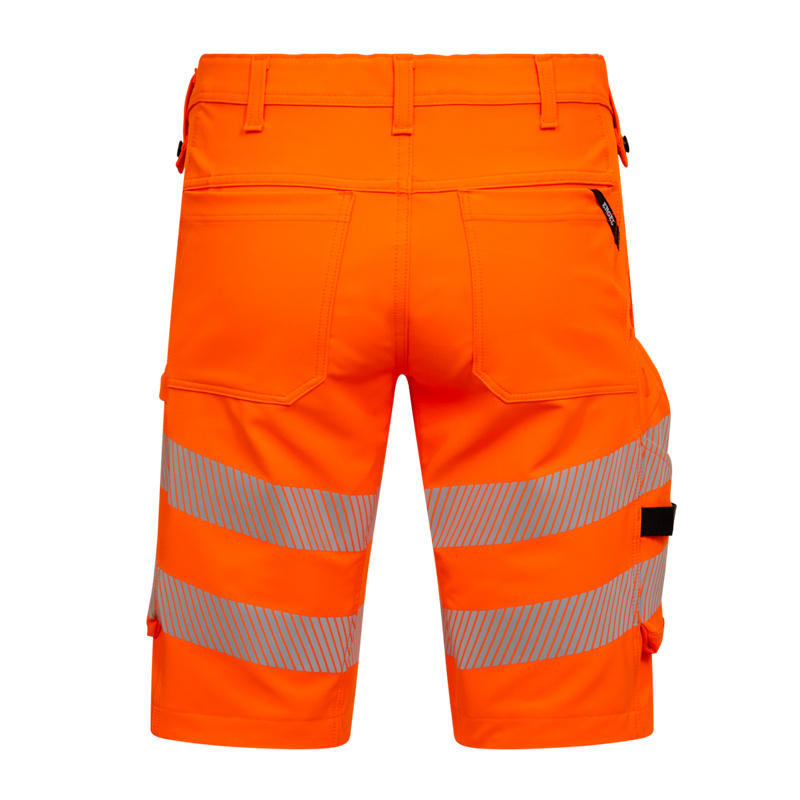 Rückansicht der ENGEL Safety Stretch Warnschutz Sommer Shorts Klasse 1 6345-124 in Orange mit Reflexstreifen und Gesäßtaschen