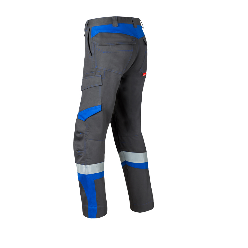 Rückansicht der HaVeP 5Safety Image+ 80340 MultiNorm Hose APC1 in Grau mit blauen Kontrasteinsätzen, Cargotasche und Reflexstreifen