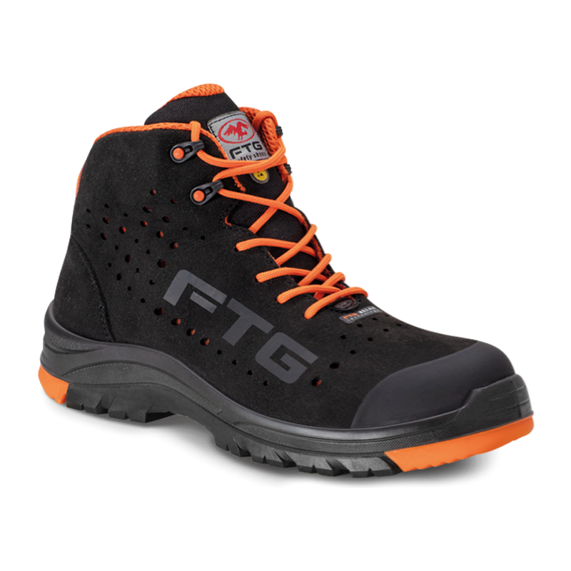 FTG Moon S1P ESD Sicherheitsstiefel metallfrei aus schwarzer Mikrofaser, hoher Arbeitsschuh der Geminin Line mit orangefarbenen Schnürsenkeln und robuster Laufsohle