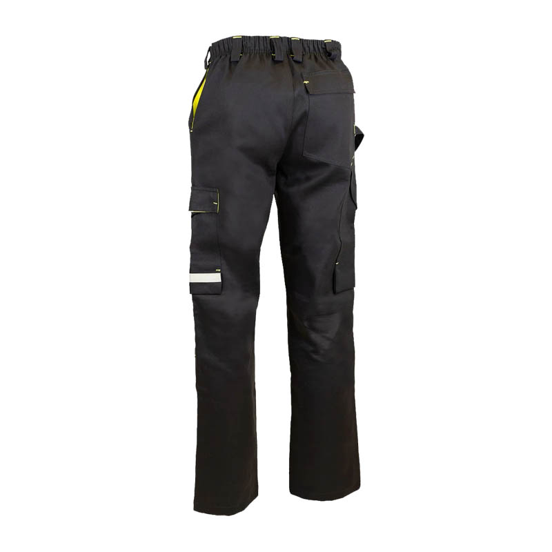 Rückansicht der Dimex 645 Schweißerhose in Schwarz mit Kniepolster, vielen Taschen und flammhemmendem Schutz für sicheres Arbeiten